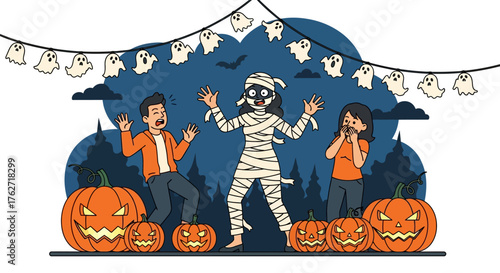 Halloween mummy costume surrounded by excited people and carved pumpkins.