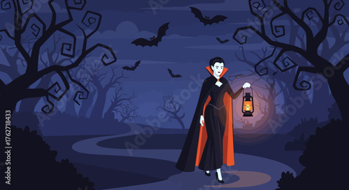 Elegant vampire walking with lantern in spooky night scene.