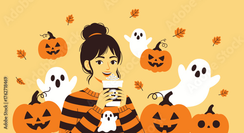 Young woman enjoying a Halloween themed beverage.