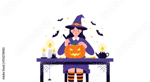 Young witch carving a pumpkin for Halloween.