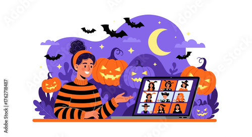 Woman in striped shirt on video call during Halloween.