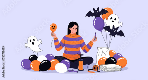 Woman preparing Halloween decorations with balloons and craft supplies.