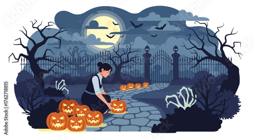 Person Carving Pumpkins for Halloween Night.