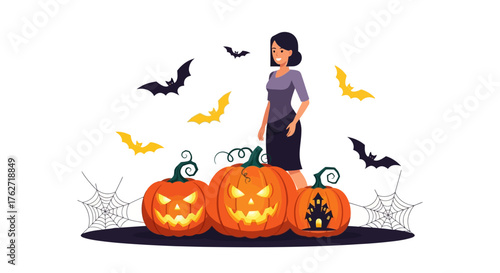 Woman stands proudly with Halloween pumpkins and bats spooky holiday.