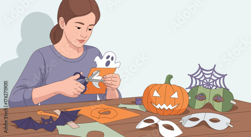Woman crafting Halloween decorations with scissors and paper at table.