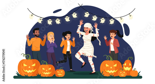 Halloween party with people in costumes and pumpkins.