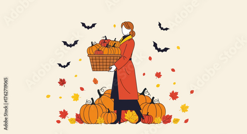 Woman holding basket of pumpkins surrounded by autumn leaves and bats.