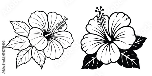 Black and white hibiscus flower vector illustration with tropical floral elements