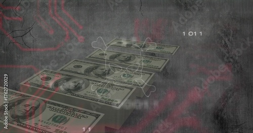 Forming US hundred-dollar bills staircase in digital space, with red circuit and binary digits
