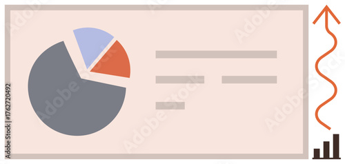 Pie chart, bar graph, and upward arrow indicating growth trends with clean text blocks. Ideal for analytics, business report, strategy, progress, finance marketing success. Simple flat metaphor