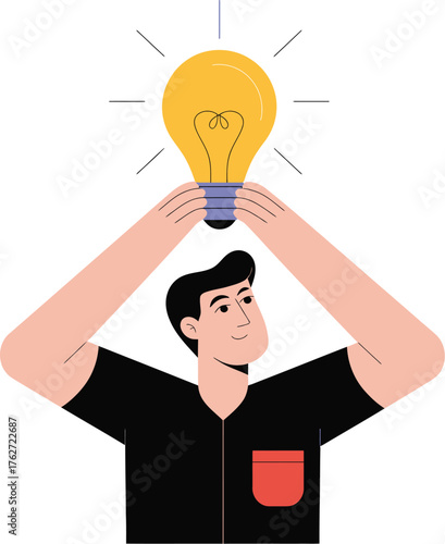 Man holding bright yellow light bulb above head idea