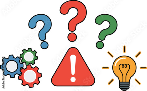 Question marks gears warning sign and light bulb idea