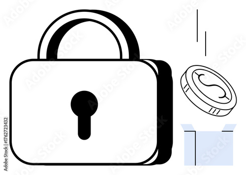 Minimalist padlock symbolizing security, with a descending coin and open box, portraying financial protection, savings, investment, and safeguarding valuables. Ideal for security, finance, safety