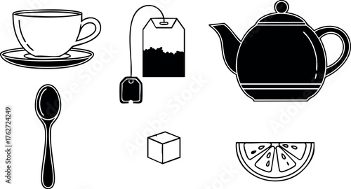 Tea cup teapot lemon slice sugar cube spoon and tea bag vector icons set for drink illustration design