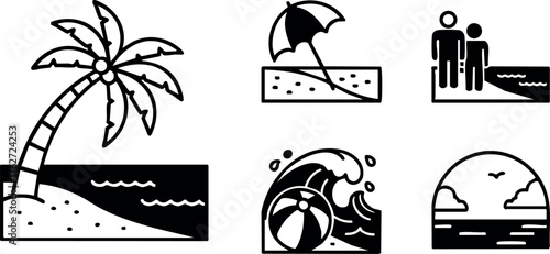 Beach icons set including palm tree, umbrella, people at airport, wave with ball, and sunset design vector illustration