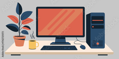 Modern Home Office Workspace Desktop Computer Setup with Plant and Coffee Vector Illustration