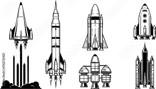 Space shuttle rocket launch silhouette set with various designs and detailed vector elements for aerospace themes