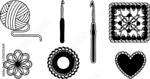 Crochet tools and yarn ball with crochet hooks and various crochet patterns vector illustration