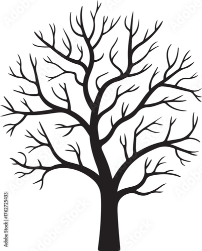 Silhouette of a bare deciduous tree with intricate branches against a white background