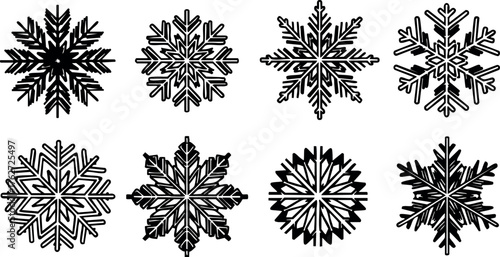Black and white snowflake vector icons set with eight unique winter shapes for seasonal design and decoration