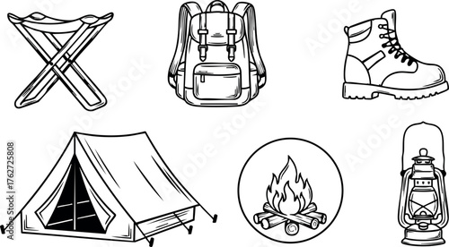 Camping equipment set including tent, backpack, campfire, lantern, folding stool, and hiking boots for outdoor adventure gear