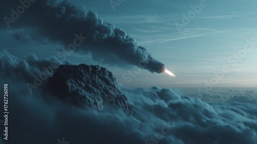 Bright Shooting Star Over Dramatic Twilight Sky and Landscape