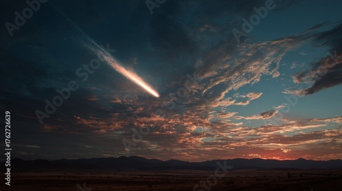 Bright Shooting Star Over Dramatic Twilight Sky and Landscape
