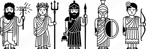 Greek gods and goddesses vector set with black and white ancient mythology characters holding weapons and symbols