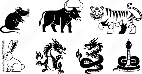 Vector silhouette icons of rat ox tiger rabbit dragon snake in black shapes with simple style and animal theme