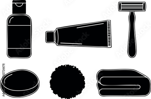 Black silhouette toiletry set with bottle razor soap and cream tube vector design for personal care and grooming essentials