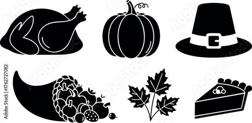 Thanksgiving icons with turkey pumpkin pilgrim hat cornucopia leaves and pie vector set