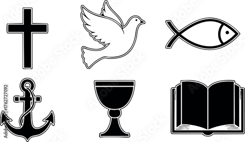 Christian symbols collection including cross dove fish anchor chalice and bible vector icons religious design elements