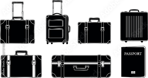 Set of black luggage suitcase icons with passport vector illustration for travel and tourism design