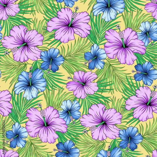 Tropical Jungle Floral Pattern with Colorful Exotic Flowers and Leaves

