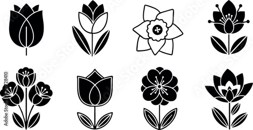 Black and white floral icons set with tulip daffodil and lotus flower vector design elements