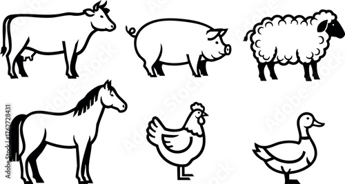 Farm animals vector set with cow pig sheep horse chicken duck black and white line art illustrations for agriculture and livestock designs