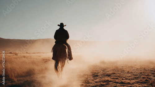 Solitary cowboy riding horse in dusty western field. man silhouette against sunset creates feeling of quiet determination