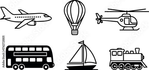 Airplane hot air balloon helicopter double decker bus sailboat steam locomotive simple line icon set vector illustration