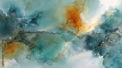 Serene abstract background texture of ethereal fluid art. Dynamic orange and teal ink painting with watercolor effect creating dreamy mood