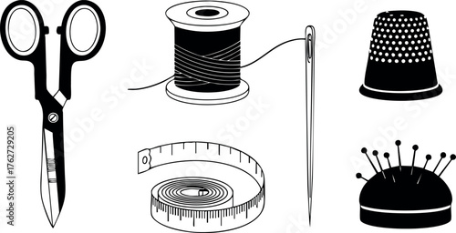 Sewing tools and accessories collection with scissors needle measuring tape thimble and pincushion vector illustration