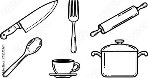 Kitchen utensils set with knife fork spoon cup rolling pin and cooking pot vector collection for cooking and food preparation