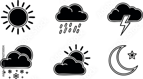 Weather icons set including sun, rain cloud, thunderstorm, snow cloud, partly cloudy sun, crescent moon with star vector design