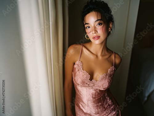Beautiful young woman in a silky pink slip dress, illuminated by warm sunset light, posing gracefully indoors.