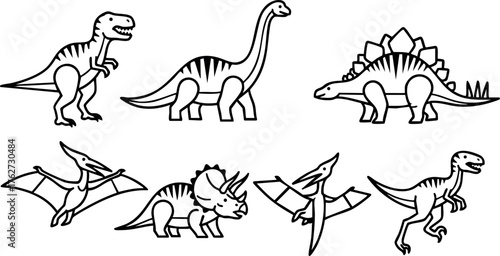 Dinosaur vector set featuring tyrannosaurus, brachiosaurus, stegosaurus, triceratops, and pterodactyl line art collection