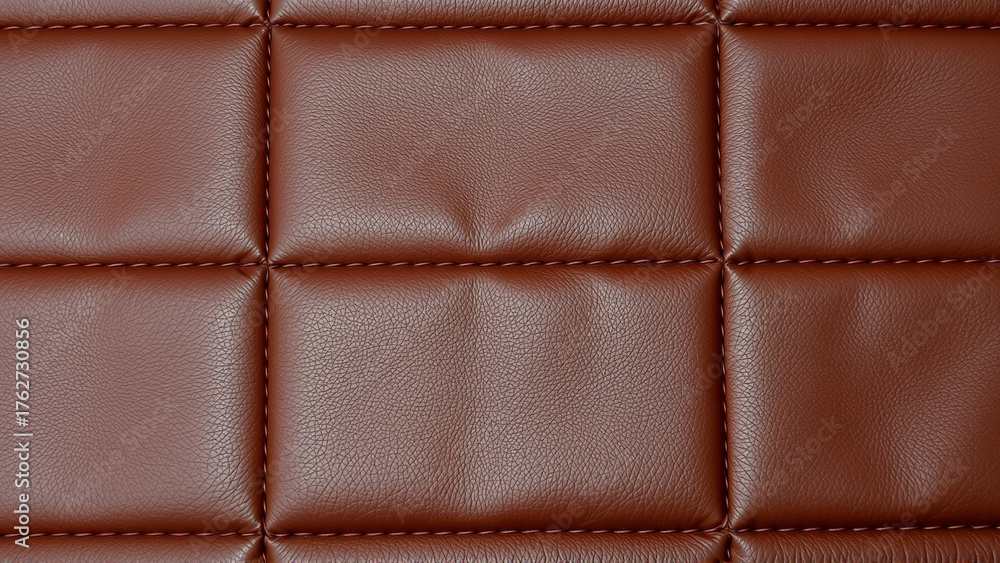 Fototapeta premium The surface texture of artificial leather is brown, stitched in the form of diamonds, squares, rectangles. Quilted eco-leather. 