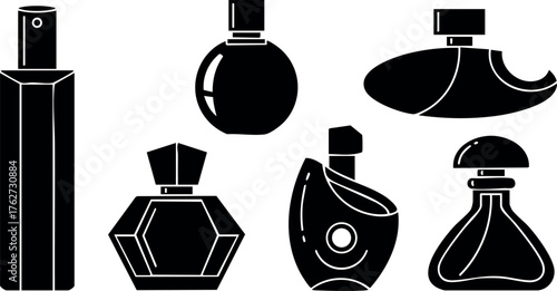 Perfume bottles collection vector with various elegant scent containers and spray designs for beauty and fragrance concepts