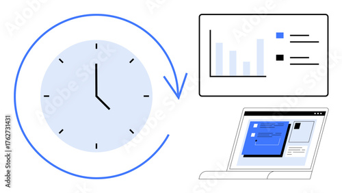 Clock with an arrow, bar chart, and laptop screen representing analysis, task tracking, and scheduling. Ideal for time management, productivity, efficiency, planning goal setting workflow