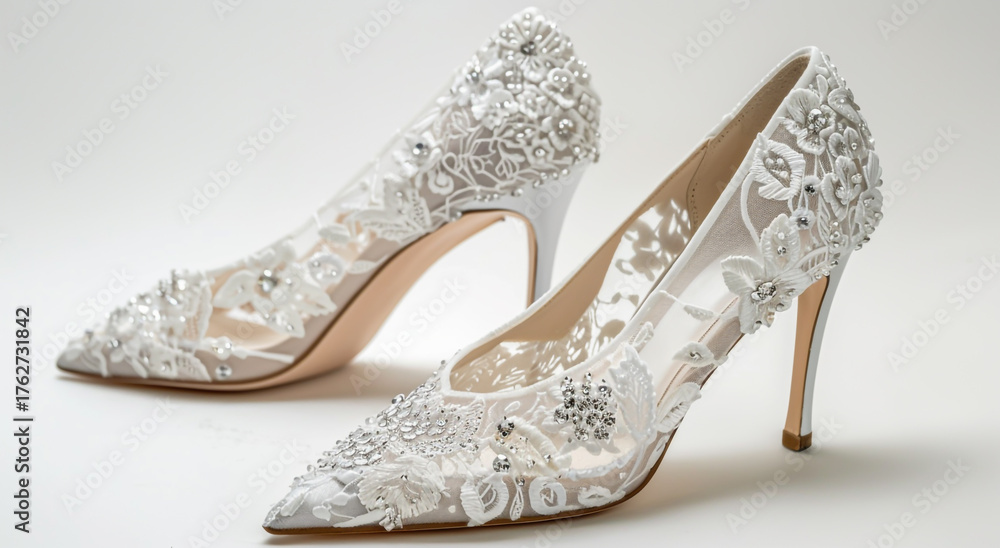 Obraz premium Elegant white lace high heel shoes isolated on white background