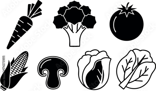 Vector icons of fresh vegetables including carrot broccoli tomato corn mushroom cabbage spinach design