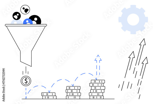 Funnel filters leads into coins, coins grow in stacks accompanied by upward-moving arrows and a gear symbol. Ideal for sales, marketing, optimization, business growth, analytics, conversion